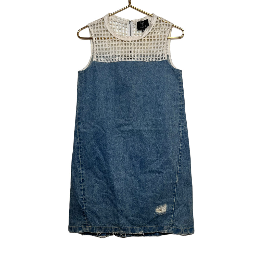 Sea New York Blue Denim Mini Dress with Cream Crochet Yoke